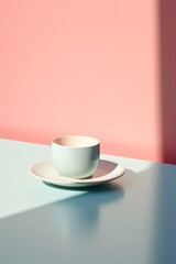 A cup of coffee on a blue table against a pink wall, exemplifying minimalism with a harmonious blend of light and shadow