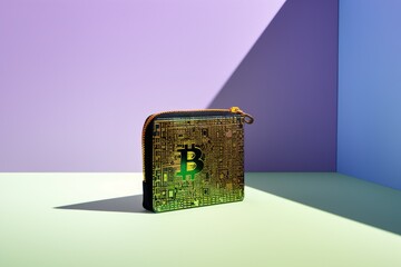 A cryptocurrency wallet designed to resemble a classic leather wallet, set against a vibrant backdrop of green, purple, and blue. The composition highlights minimalism, light, and shadow