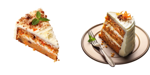 Carrot cake slice on marble deck seen from above transparent background