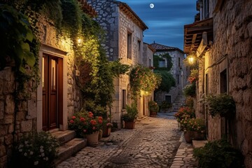 A charming narrow street in a historic Mediterranean village, illuminated by the serene moonlight. Generative AI