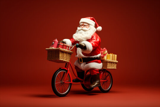 santa claus driving tricycle having gifts on the trycycle basket strong contrast, crisp and clean look