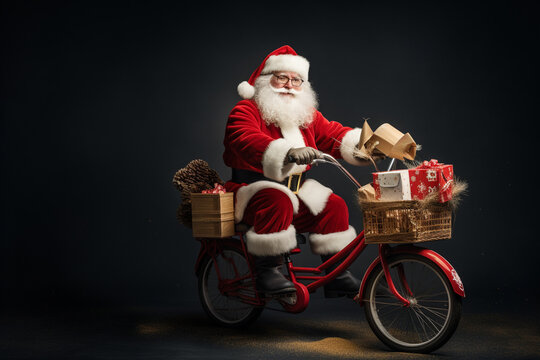 santa claus driving tricycle having gifts on the trycycle basket strong contrast, crisp and clean look