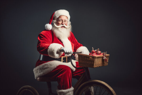 santa claus driving tricycle having gifts on the trycycle basket strong contrast, crisp and clean look