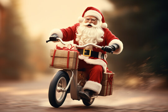 santa claus driving tricycle having gifts on the trycycle basket strong contrast, crisp and clean look