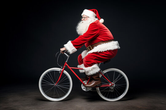 santa claus driving tricycle having gifts on the trycycle basket strong contrast, crisp and clean look
