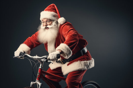 santa claus driving tricycle having gifts on the trycycle basket strong contrast, crisp and clean look