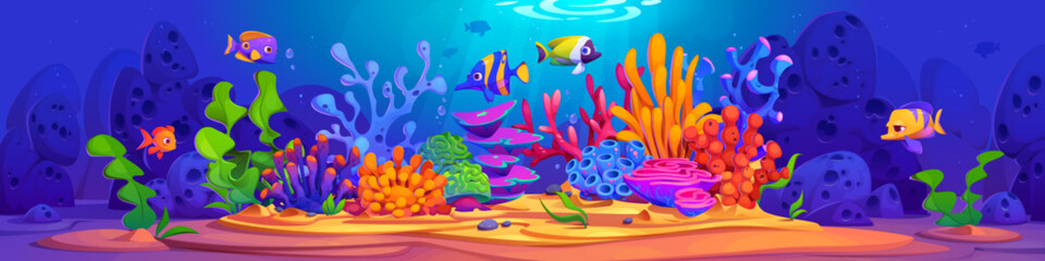 Underwater world with bright seaweeds, corals and swimming fishes in blue water. Cartoon vector illustration of ocean or aquarium bottom with aquatic creatures. Fantasy seabed with marine habitat.