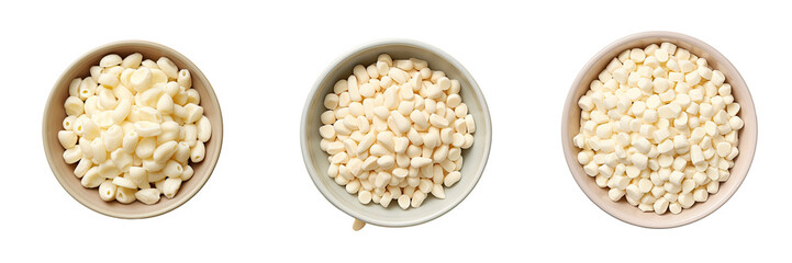 White chocolate chips in a bowl viewed from the top and placed on a transparent background