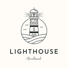 lighthouse ocean tower line art logo vector minimalist illustration design, lighthouse signal light symbol design