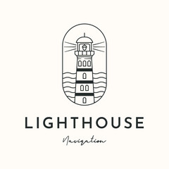 lighthouse nautical tower line art logo vector minimalist illustration design, lighthouse flat light symbol design