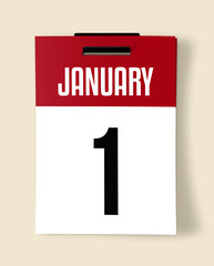 1 January Calendar Date, Realistic calendar sheet hanging on wall
