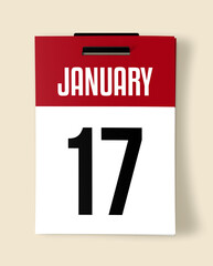 17 January Calendar Date, Realistic calendar sheet hanging on wall
