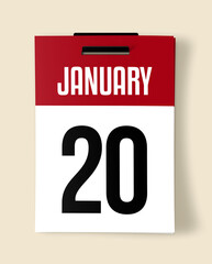 20 January Calendar Date, Realistic calendar sheet hanging on wall
