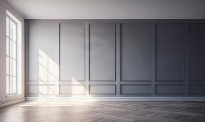 Room with wooden floor and concrete wall. Empty minimalist room mockup for decor, furniture and doors