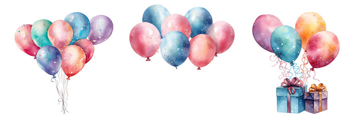 Watercolor balloons with glitter Birthday presents cards designs on transparent background