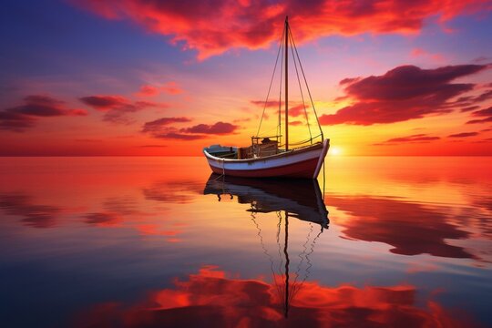 A breathtaking photo of a small boat on the sea under a red sunset with beautiful clouds. Generative AI