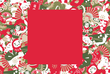 2024年辰や縁起物の和風おしゃれなお正月・年賀状のコピースペースのあるベクターデザインフレーム・背景素材_正方形赤