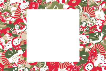 2024年辰や縁起物の和風おしゃれなお正月・年賀状のコピースペースのあるベクターデザインフレーム・背景素材_正方形白