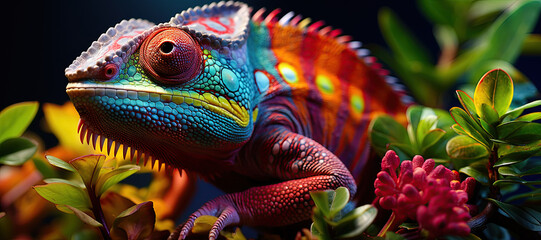 A beautifully colored chameleon perches on a vibrant leaf,  vivid hues in its natural rainforest...