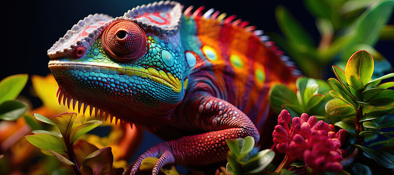 A beautifully colored chameleon perches on a vibrant leaf,  vivid hues in its natural rainforest ,Generated with AIhabitat.