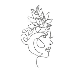 Woman Head with Flowers Outline Drawing. Female Face with Flowers Creative Abstract Line Drawing. Woman Beauty Fashion Art. Vector Minimalist Design for Wall Decor, Print, Card, Poster
