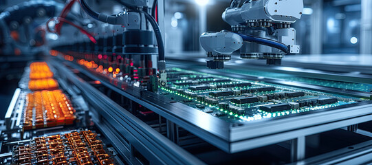 Component Installation and Quality Control of Circuit Board. Fully Automated PCB Assembly Line Equipped with High Precision Robot Arms at Electronics Factory. Generated with AI