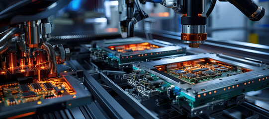 Component Installation and Quality Control of Circuit Board. Fully Automated PCB Assembly Line Equipped with High Precision Robot Arms at Electronics Factory. Generated with AI