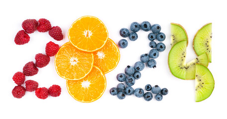 Fruits. New year 2024 made of fruits on the white background. Healthy food