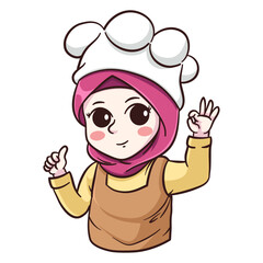 Cute and kawaii muslim female chef wearing hijab manga chibi illustration