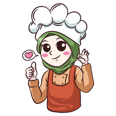 Cute and kawaii muslim female chef wearing hijab manga chibi illustration