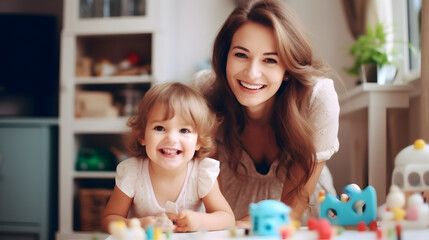 Happy mother and daughter playing with toy