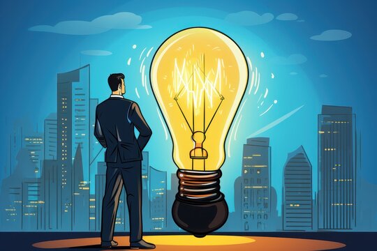 Businessman with Creative Light bulb, Business Ideas Cocept, Innovation Technology, Solve Problem and Analysis Solution.