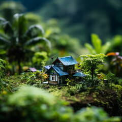 The atmosphere of a house in rural Southeast Asia through a tilt-shift lens