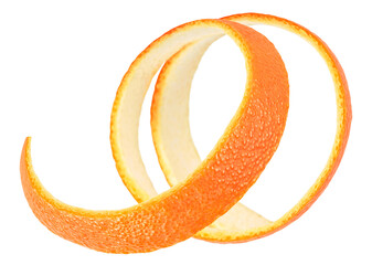 Fresh orange peel isolated on a white background. Spiral form of orange zest.