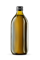 Green glass bottle of olive oil isolated. Transparent PNG image.