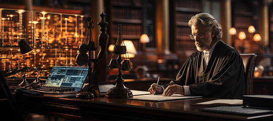 Justice and law concept.Male judge in a courtroom with the gavel, working with, computer and docking keyboard, eyeglasses, Generated with AI - obrazy, fototapety, plakaty