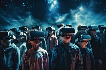 Obraz premium Many children wearing virtual reality glasses. Exploring the metaverse.