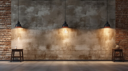brick wall concrete floor and lamps background 3d render
