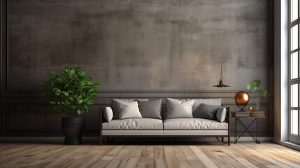 interior background with grey wall and wooden floor 3d render