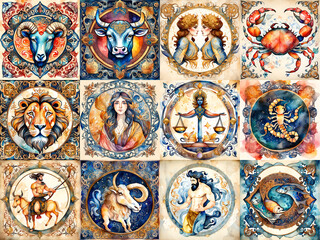 Set of zodiac signs icons. Aries, Leo, Gemini, Taurus, Scorpio, Aquarius, Pisces, Sagittarius, libra, Virgo, Capricorn, and cancer. Watercolour painti - obrazy, fototapety, plakaty