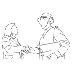 Line art of engineer man handshake with businesswoman after finishing up meeting in construction site handshake concept
