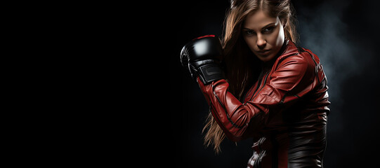 Fototapeta na wymiar Kickboxing woman in activewear and red kickboxing gloves on black background performing a martial arts kick. Sport exercise, fitness workout. Generated with AI