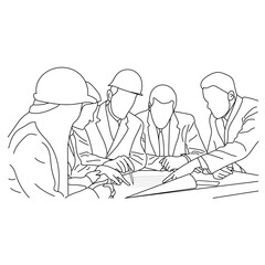 Line art of architect-engineer discusses construction project in a meeting room