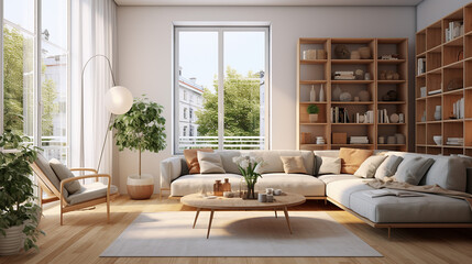 interior design of modern Scandinavian apartment living room with white sofa