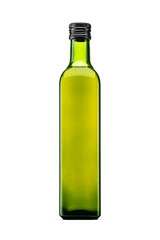 Olive oil in small green glass bottle isolated. Transparent PNG image.