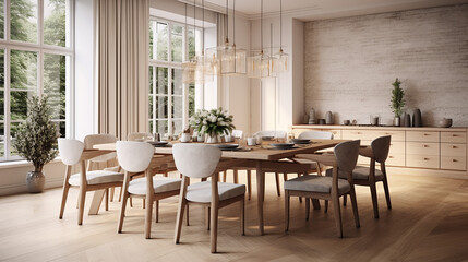 Fototapeta na wymiar interior design of modern Scandinavian dining room 3d rendering