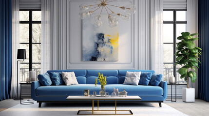 interior of living room with blue sofa 3d rendering