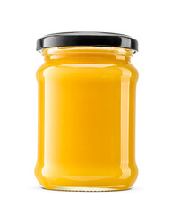 Sweet natural honey in glass transparent jar isolated. Transparent PNG image.