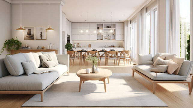 interior design of modern Scandinavian apartment living room with white sofa