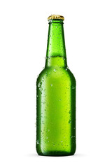 Beer in a green long neck bottle isolated. Transparent PNG image.